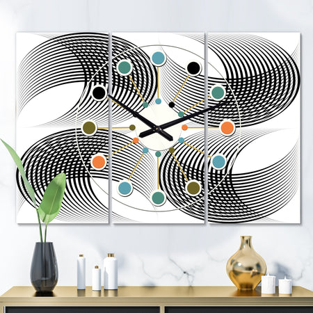 Monochrome Geometric Pattern IX - Oversized Mid-Century wall clock - 3 Panels