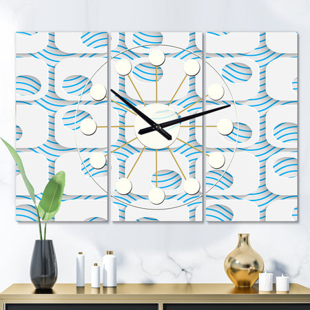 3D White and Blue Pattern III - Oversized Mid-Century wall clock - 3 Panels