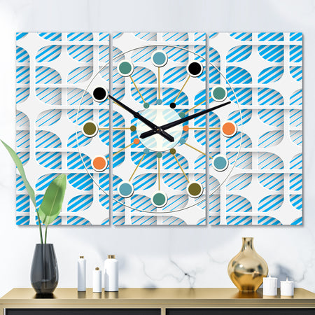 3D White and Blue Pattern II - Oversized Mid-Century wall clock - 3 Panels