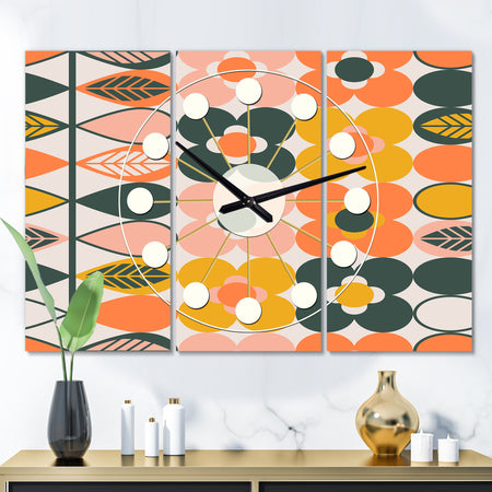 Botanical Retro Design I - Oversized Mid-Century wall clock - 3 Panels