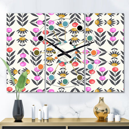 Retro Abstract Floral Design XI - Oversized Mid-Century wall clock - 3 Panels