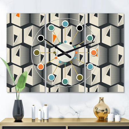 Abstract Retro Triangular Geometrics - Oversized Mid-Century wall clock - 3 Panels