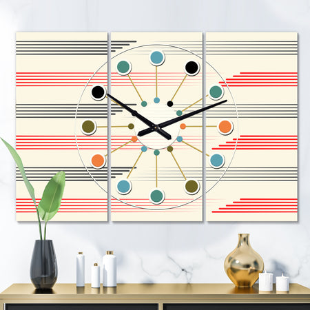 Horizontal Retro Geometrical Pattern I - Oversized Mid-Century wall clock - 3 Panels