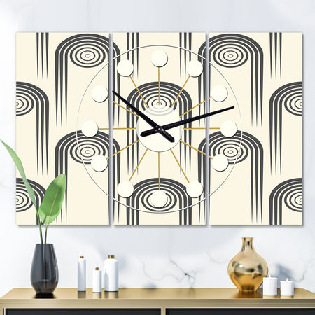 Retro Curved Minimal Geometric Ornament II - Oversized Mid-Century wall clock - 3 Panels