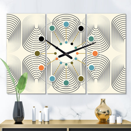 Monochrome Geometric Pattern X - Oversized Mid-Century wall clock - 3 Panels