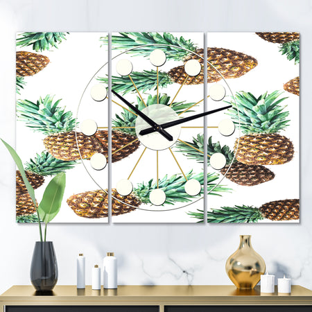 Pineapple Summer Bliss V - Oversized Mid-Century wall clock - 3 Panels