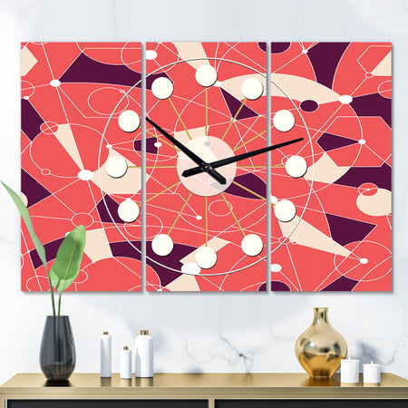 Retro Geometric Grid I - Oversized Mid-Century wall clock - 3 Panels