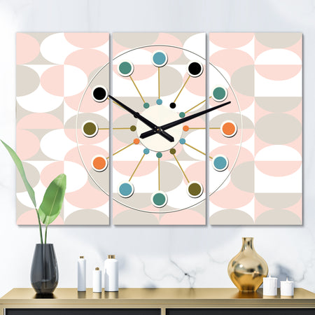 Retro Circular Pattern III - Oversized Mid-Century wall clock - 3 Panels