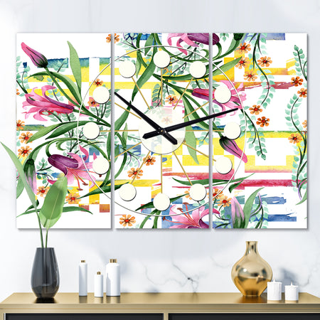 Floral Botanical Retro XI - Oversized Mid-Century wall clock - 3 Panels