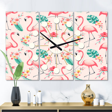 Tropical Botanicals, Flowers and Flamingo II - Oversized Mid-Century wall clock - 3 Panels
