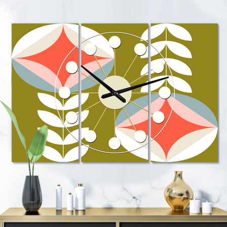 Retro Botanical Pattern I - Oversized Mid-Century wall clock - 3 Panels