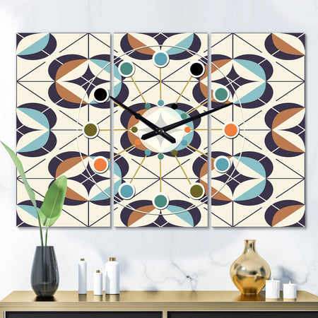 Geometric Retro Design V - Oversized Mid-Century wall clock - 3 Panels