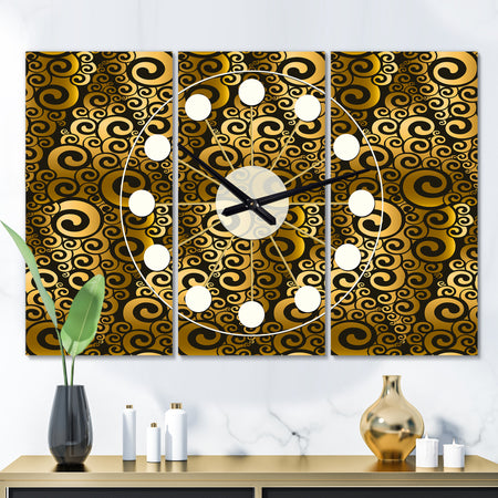 Gold and Black Swirl I - Oversized Mid-Century wall clock - 3 Panels