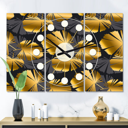 Golden Palm Leaves III - Oversized Mid-Century wall clock - 3 Panels