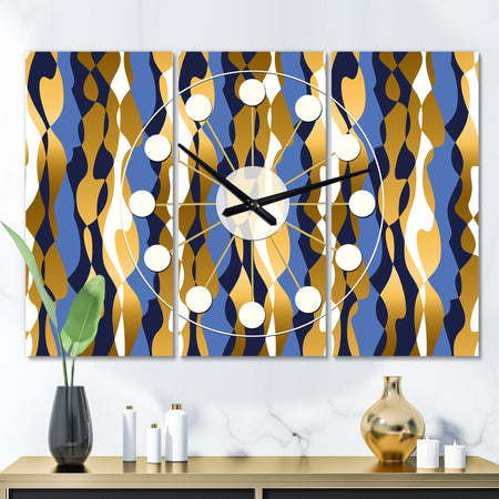 Retro Luxury Waves In Gold and Blue I - Oversized Mid-Century wall clock - 3 Panels