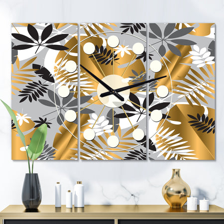 Geometric luxury jungle foliage pattern - Oversized Mid-Century wall clock - 3 Panels