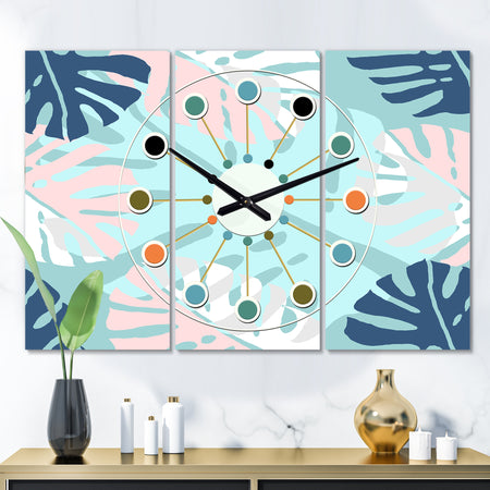 Retro Floral Pattern II - Oversized Mid-Century wall clock - 3 Panels