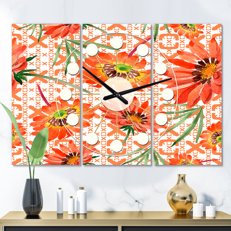 Floral Botanical Retro I - Oversized Mid-Century wall clock - 3 Panels