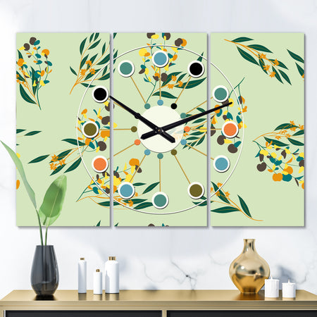 Bright Eucalyptus Floral Pattern III - Oversized Mid-Century wall clock - 3 Panels