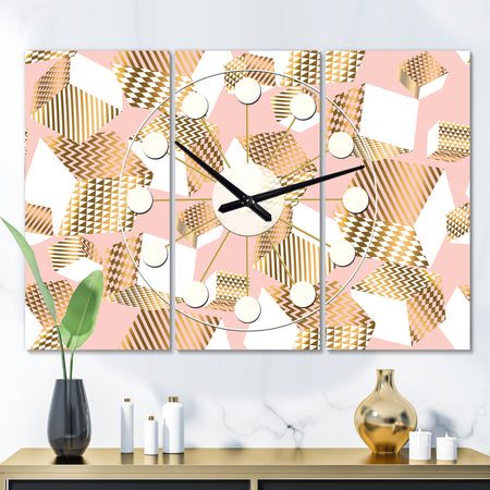 Gold and Rose Cubes I - Oversized Mid-Century wall clock - 3 Panels