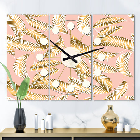 Golden Foliage IV - Oversized Mid-Century wall clock - 3 Panels