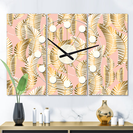 Golden Palm Leaves I - Oversized Mid-Century wall clock - 3 Panels
