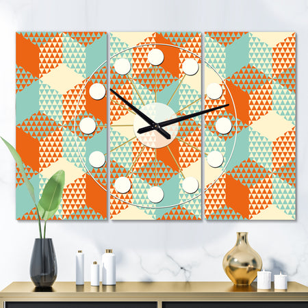 Retro Hexagon Pattern VIII - Oversized Mid-Century wall clock - 3 Panels