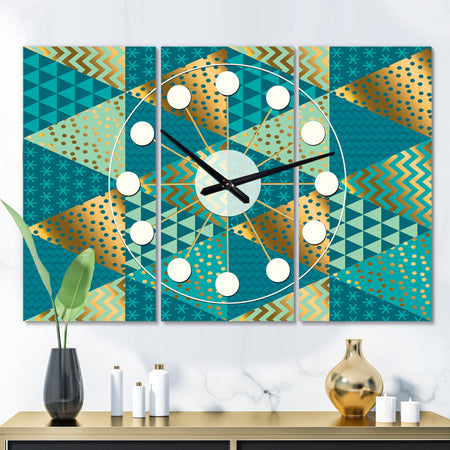 Gold and Blue Dynamics I - Oversized Mid-Century wall clock - 3 Panels