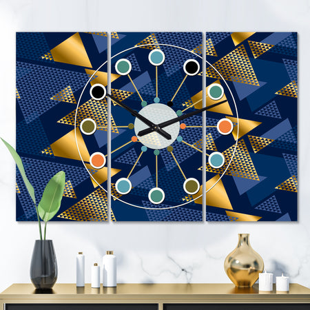 Retro Luxury Waves In Gold and Blue IX - Oversized Mid-Century wall clock - 3 Panels
