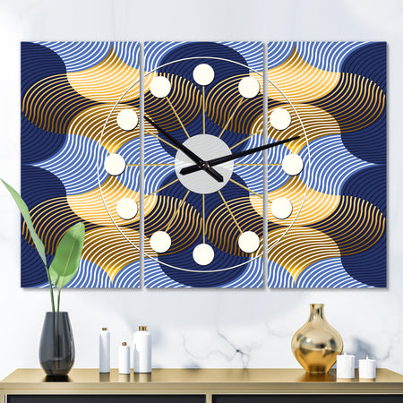 Retro Luxury Waves In Gold and Blue II - Oversized Mid-Century wall clock - 3 Panels