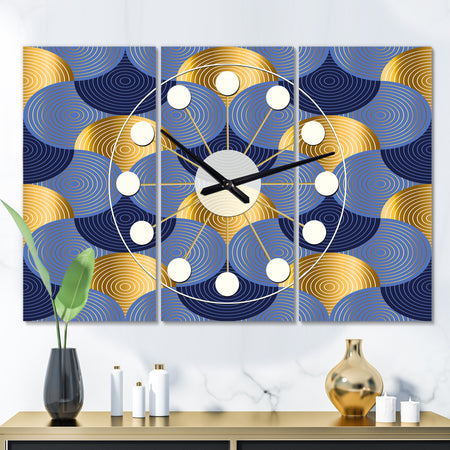 Retro Luxury Waves In Gold and Blue VIII - Oversized Mid-Century wall clock - 3 Panels