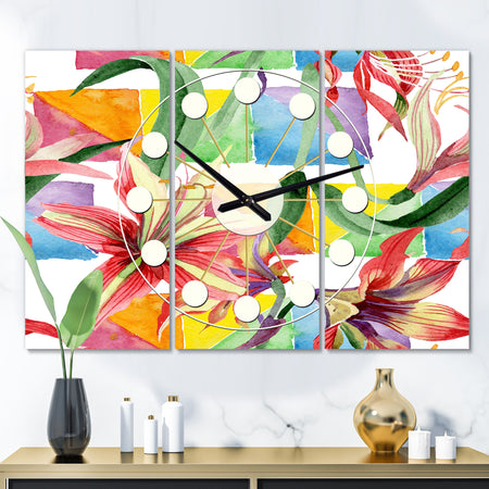 Retro Floral Botanical I - Oversized Mid-Century wall clock - 3 Panels