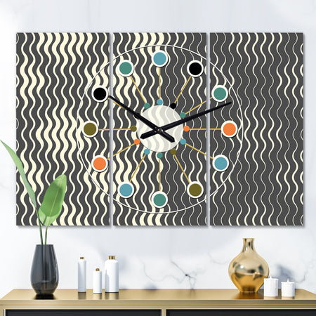 Retro Geometrical Abstract Minimal Pattern V - Oversized Mid-Century wall clock - 3 Panels