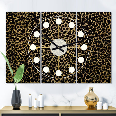 Leopard Fur Safari V - Oversized Mid-Century wall clock - 3 Panels