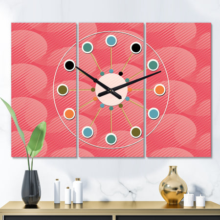 Coral Round Geometrical - Oversized Mid-Century wall clock - 3 Panels