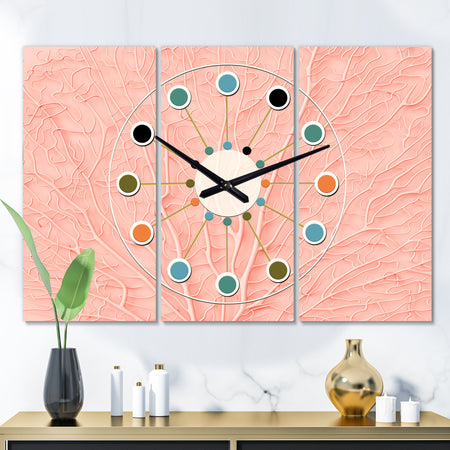 Living Coral Pink - Oversized Mid-Century wall clock - 3 Panels