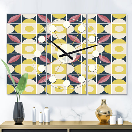 retro pattern in mosaic style - Oversized Mid-Century wall clock - 3 Panels