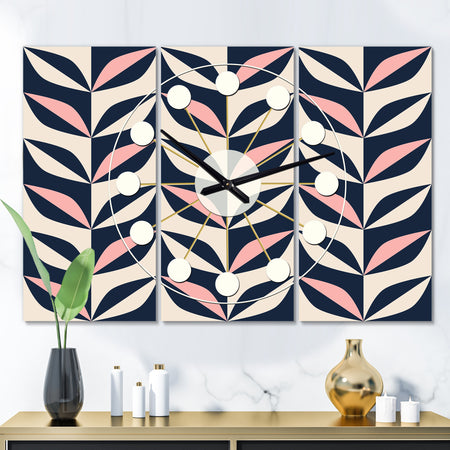 Floral Retro Botanical Pattern III - Oversized Mid-Century wall clock - 3 Panels