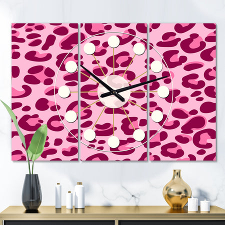 Pink Leopard Pattern - Oversized Mid-Century wall clock - 3 Panels