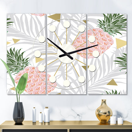 Pineappple On Tropical Leaves - Oversized Mid-Century wall clock - 3 Panels