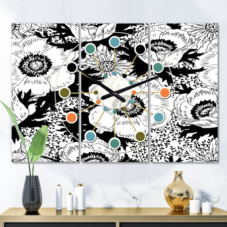 Retro Monochrome Flowers Pattern - Oversized Mid-Century wall clock - 3 Panels