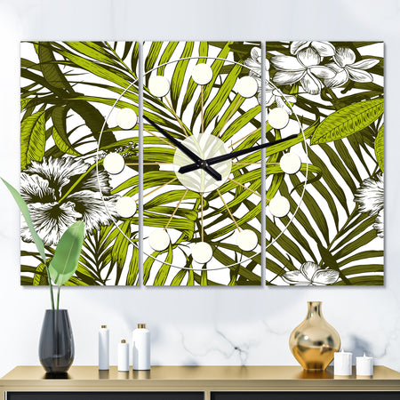 Tropical Palm Leaves I - Oversized Mid-Century wall clock - 3 Panels