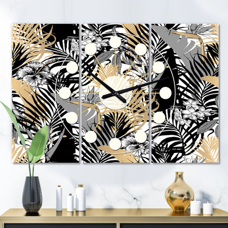 Golden Foliage II - Oversized Mid-Century wall clock - 3 Panels