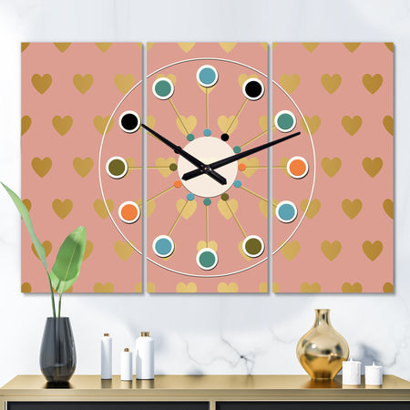 Gold Hearts On Pink - Oversized Mid-Century wall clock - 3 Panels