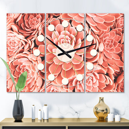 Coral Toned Succulent - Oversized Mid-Century wall clock - 3 Panels