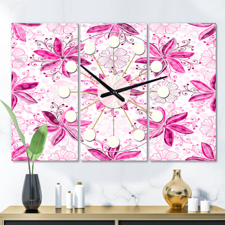 Retro Floral Pattern XII - Oversized Mid-Century wall clock - 3 Panels