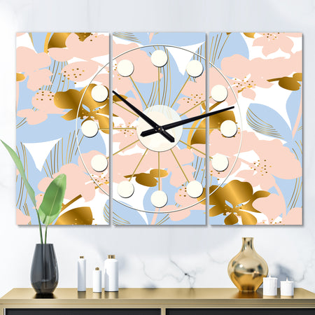 Golden Foliage XV - Oversized Mid-Century wall clock - 3 Panels