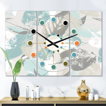 Retro Foliage Design I - Oversized Mid-Century wall clock - 3 Panels