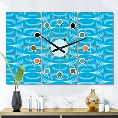 Light Blue Wave pattern - Oversized Mid-Century wall clock - 3 Panels