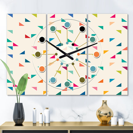 Abstract Triangular Retro Pattern I - Oversized Mid-Century wall clock - 3 Panels
